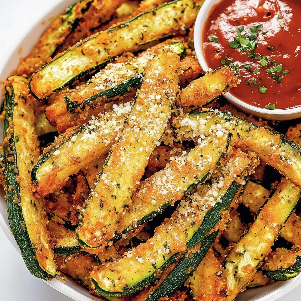 Un bol lleno de fritos crujientes de calabacín con un recipiente de salsa marinara y queso rallado por encima.