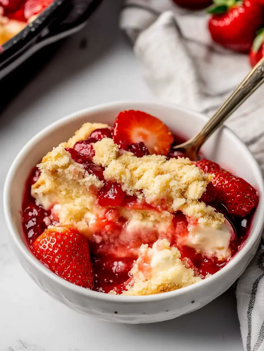 Un tazón de postre con capas cremosas cubiertas de salsa de fresa y fresas frescas, con un crujiente dorado encima.