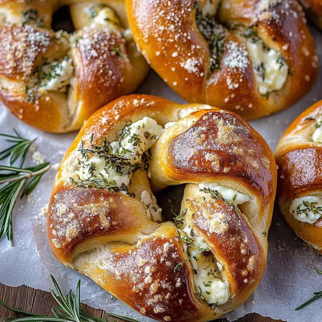 Pretzels recién horneados rellenos de queso crema, decorados con hierbas, sobre una superficie de madera.