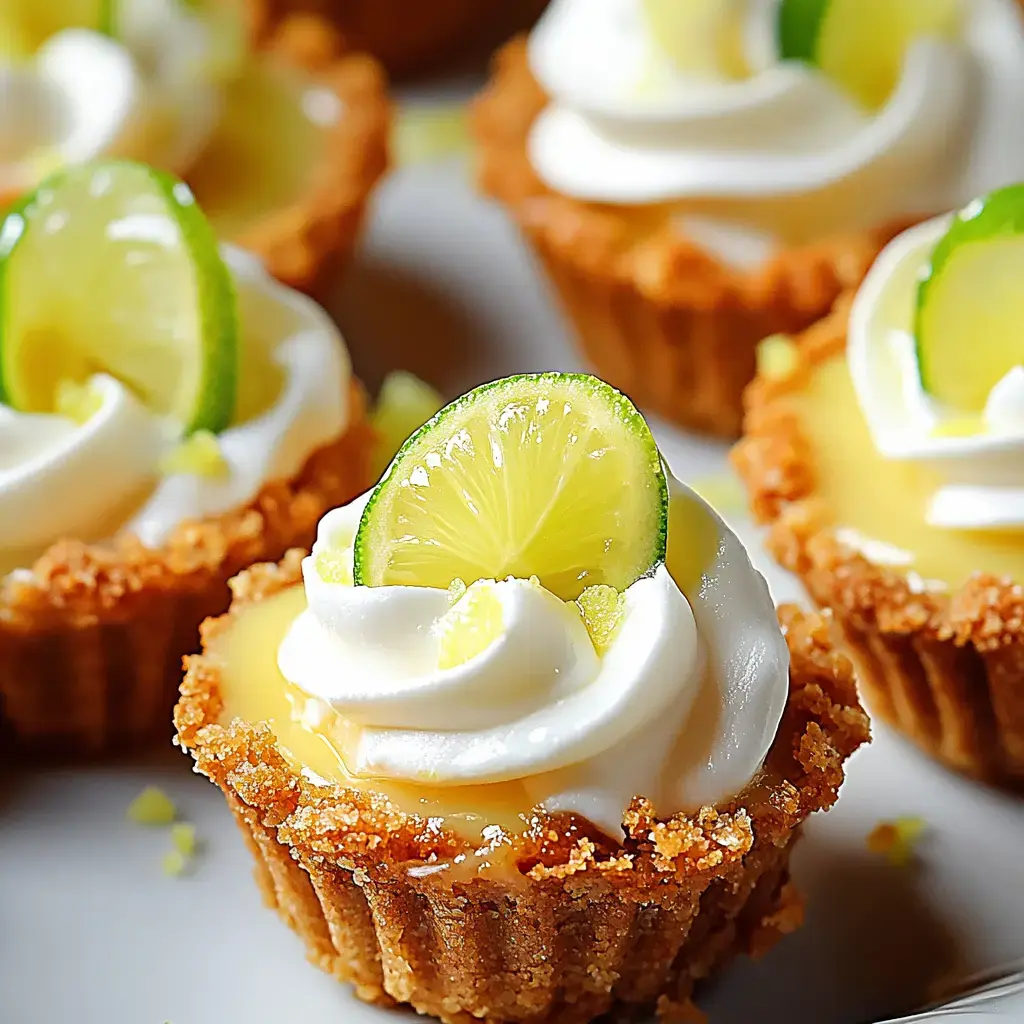 Primer plano de tartas individuales de limón decoradas con crema batida y una rodaja de lima.