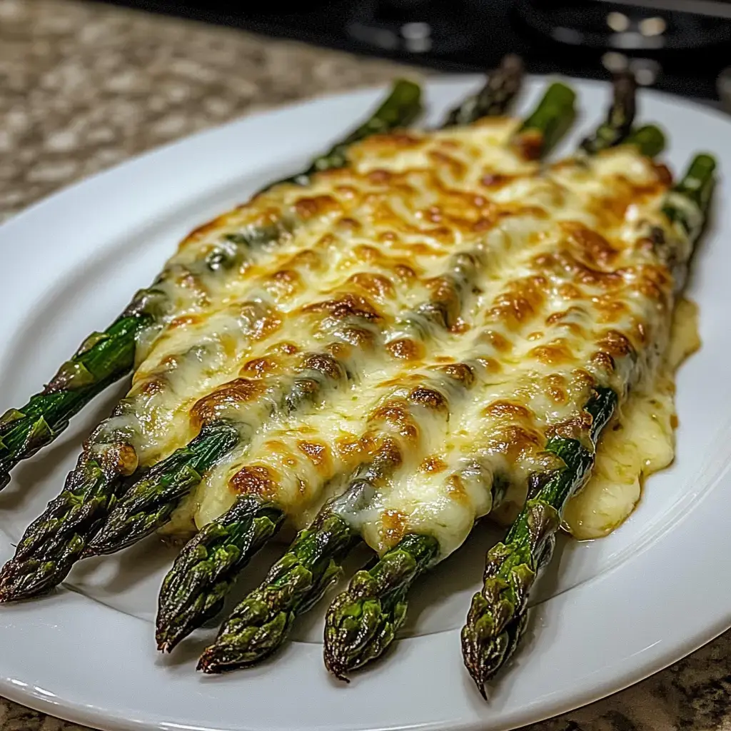 Espárragos horneados con queso derretido, servidos en un plato blanco.