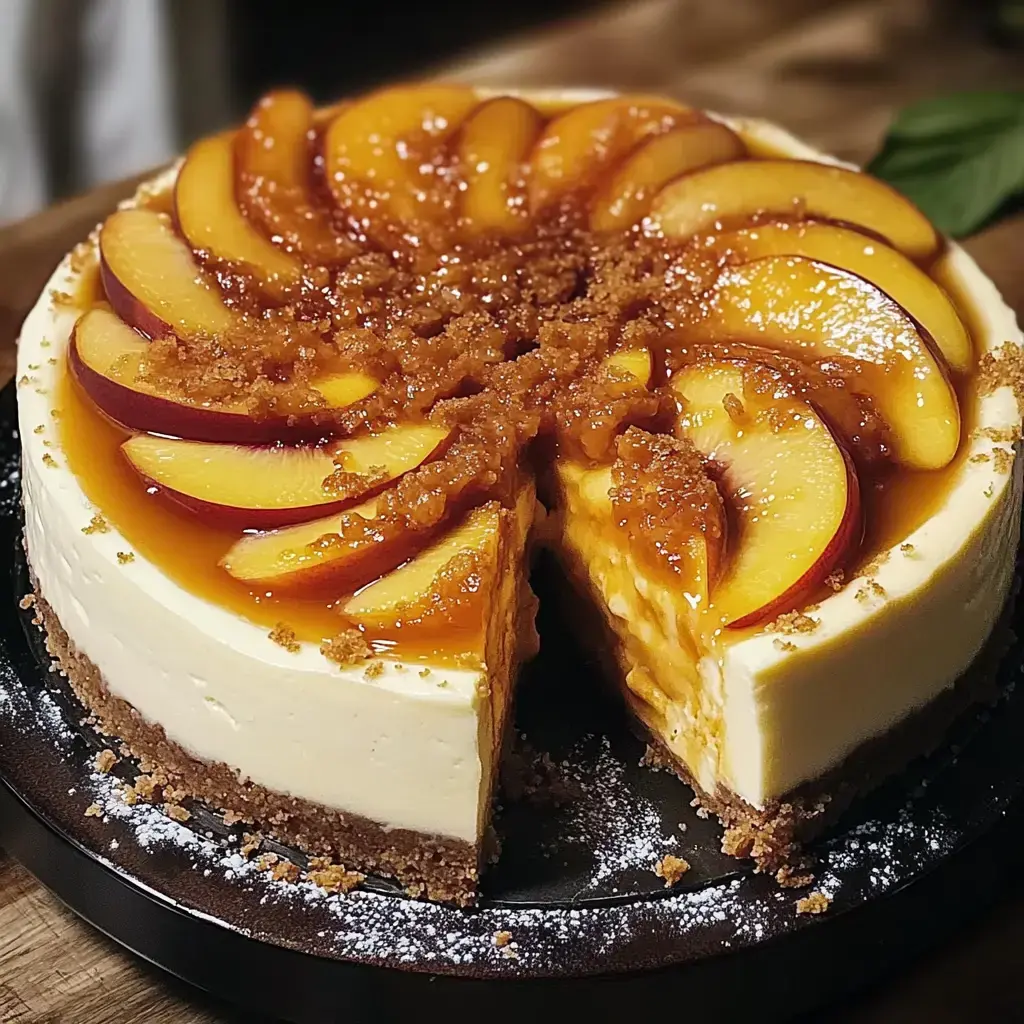 Un cheesecake cremoso con rodajas de duraznos caramelizados y azúcar morena, con una rebanada retirada, sobre un plato oscuro.