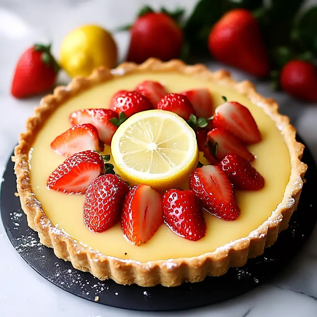 Una tarta de limón decorada con fresas frescas y una rodaja de limón rodeada de fresas en una superficie de mármol.