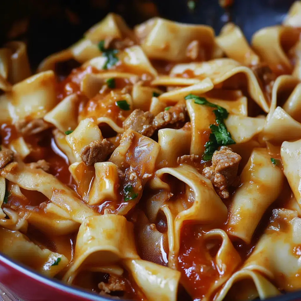 Un primer plano de noodles anchos mezclados con carne y una rica salsa roja, adornado con hierbas verdes.