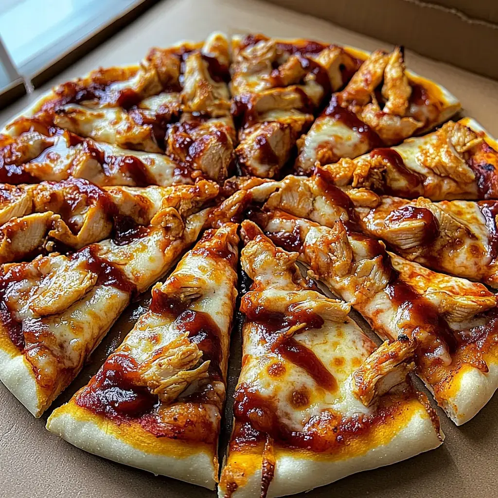 Una vista cercana de una pizza con trozos de pollo y salsa barbacoa, cortada en porciones.