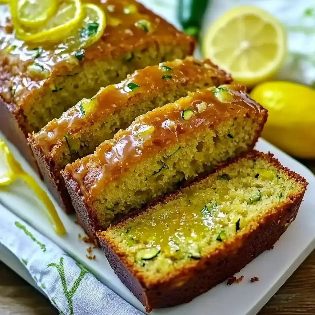 Un pan de calabacín y limón recién horneado, cortado para mostrar su textura esponjosa, decorado con rodajas de limón y glaseado.