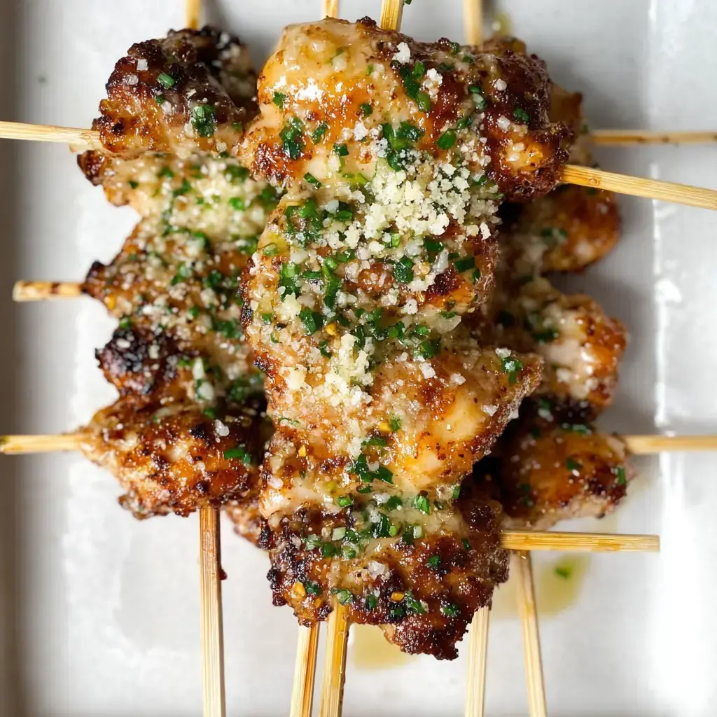 Un acercamiento de brochetas asadas con hierbas y queso rallado servidas en un plato blanco.
