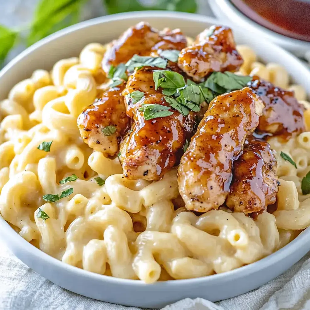 Un plato de macarrones cremosos con tiras de pollo asadas cubiertas con una salsa brillante y decorado con hierbas frescas.