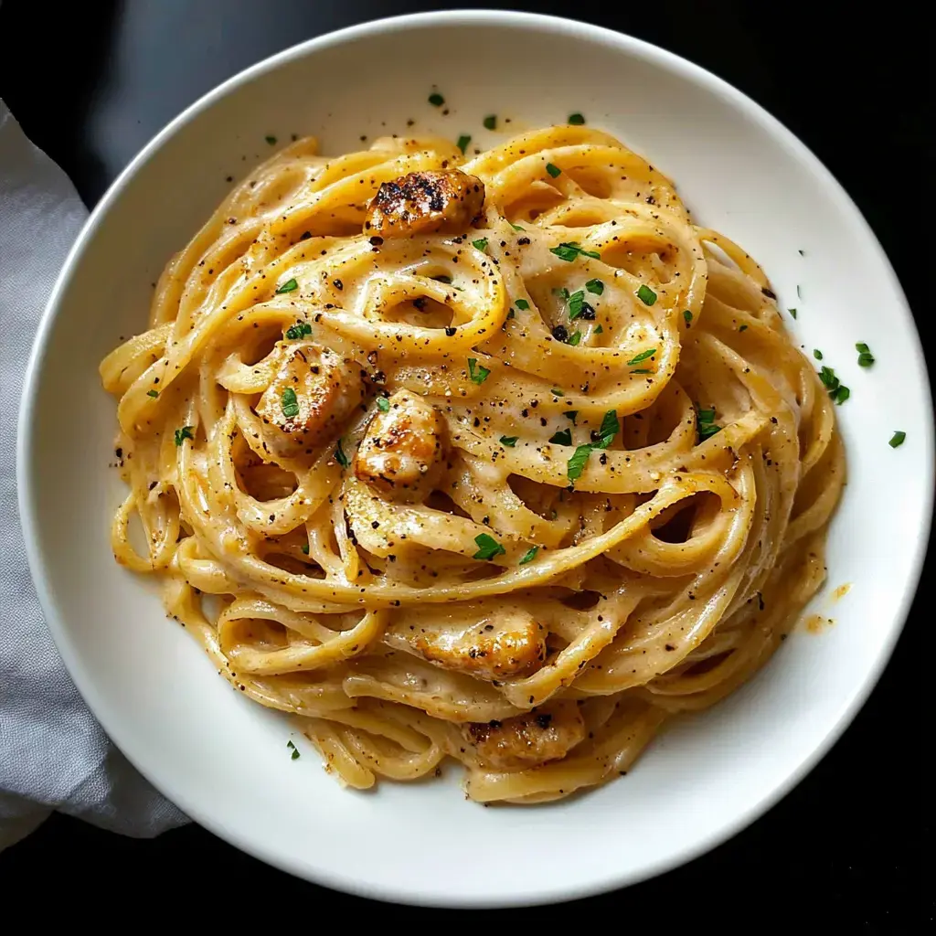 Un plato de pasta cremosa con pollo a la parrilla, espolvoreado con pimienta negra y decorado con perejil fresco.