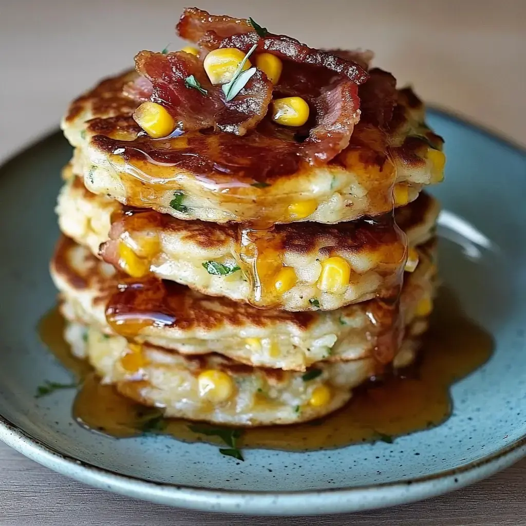 Unos dorados panqueques de maíz apilados, cubiertos con crujiente tocino y bañados con jarabe, servidos en un plato azul.