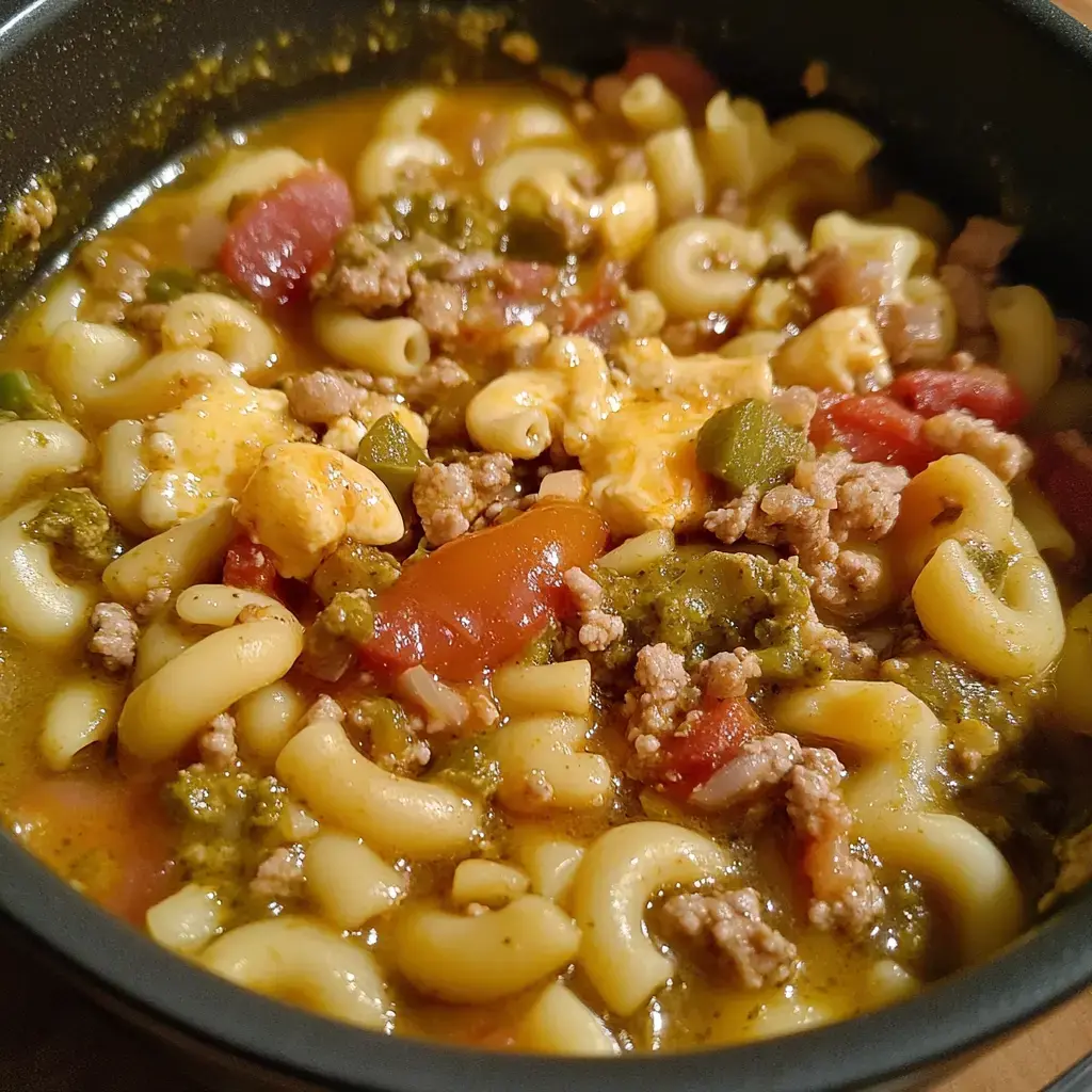 Un primer plano de un plato de sopa con pasta, carne molida, tomates en cubos y brócoli en un caldo cremoso.
