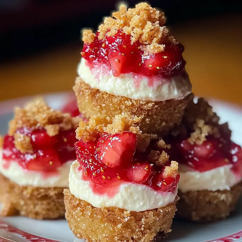 Tres porciones de postre apiladas con relleno cremoso, salsa de fresa y cobertura crujiente.