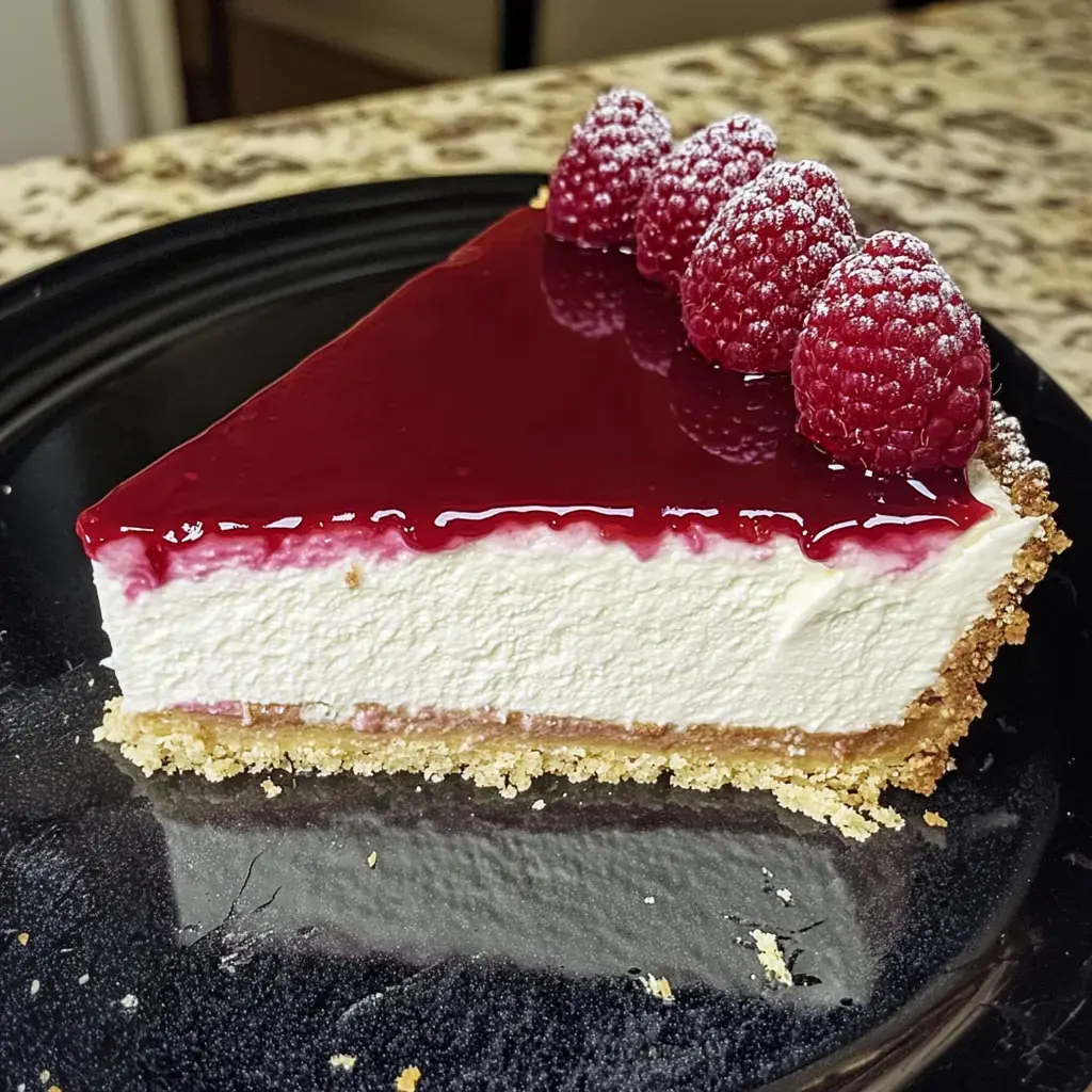 Una rebanada de cheesecake de frambuesa con cubierta brillante de frambuesas y frutas frescas sobre un plato negro.