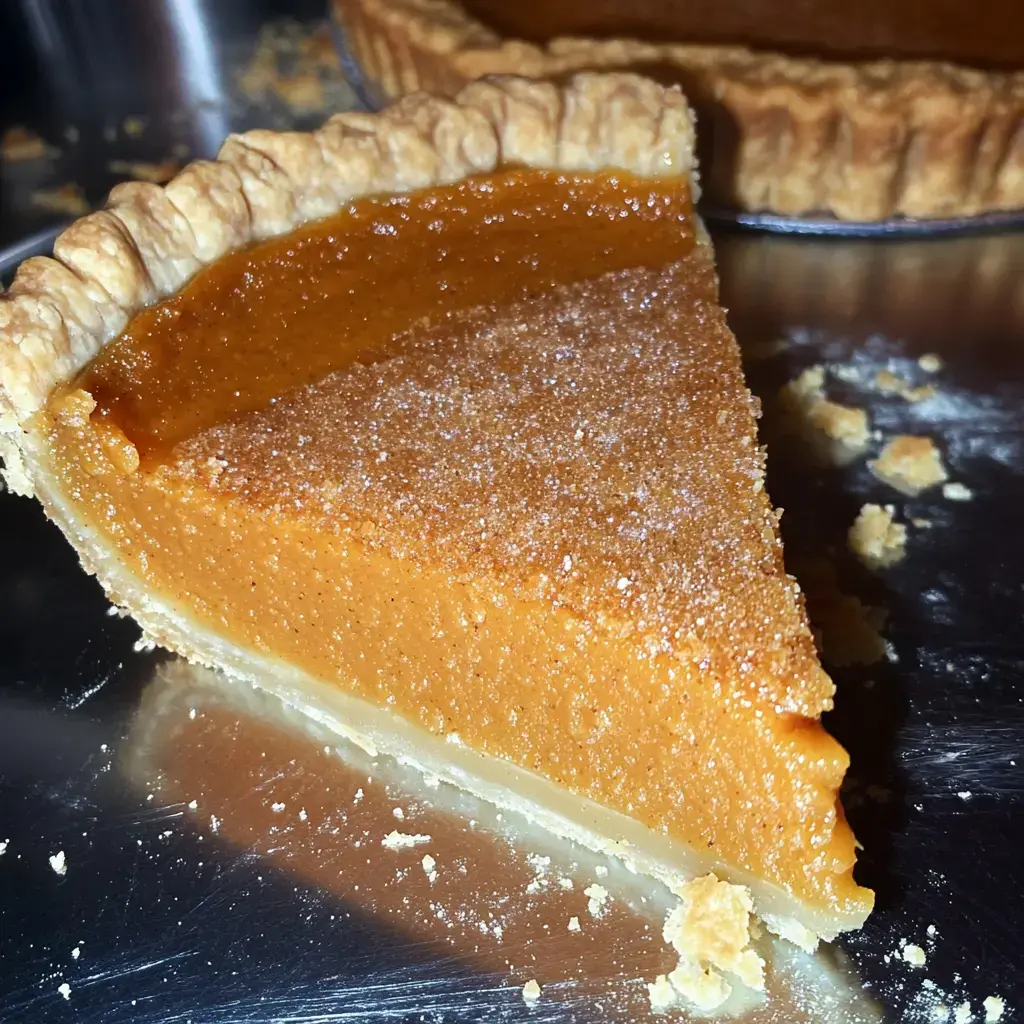 Una porción de pastel de batata con una base crujiente y un relleno suave, sobre una superficie brillante.