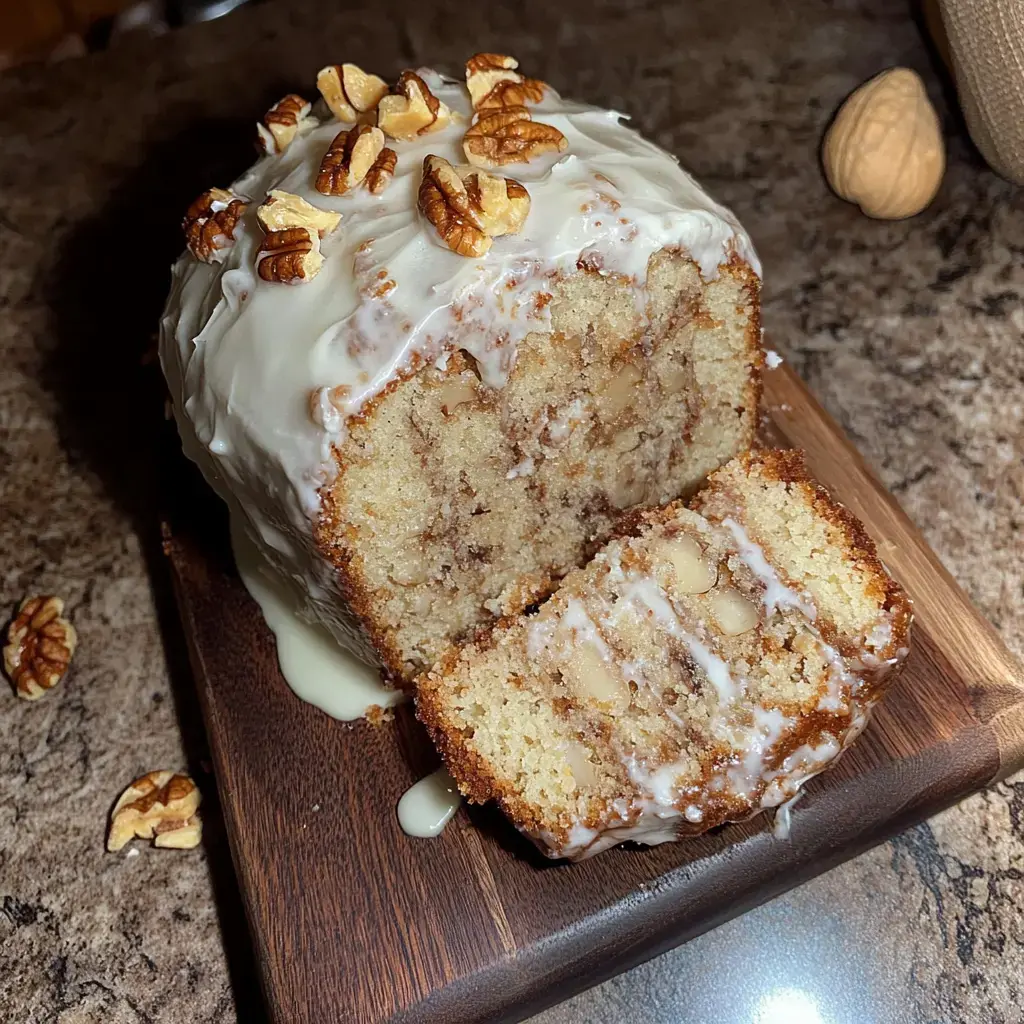 Un pastel de pan en rebanadas con glaseado cremoso y adornado con nueces sobre una tabla de madera.