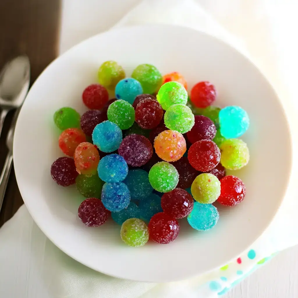 Un plato blanco lleno de una colorida mezcla de caramelos redondos cubiertos de azúcar en tonos vibrantes.