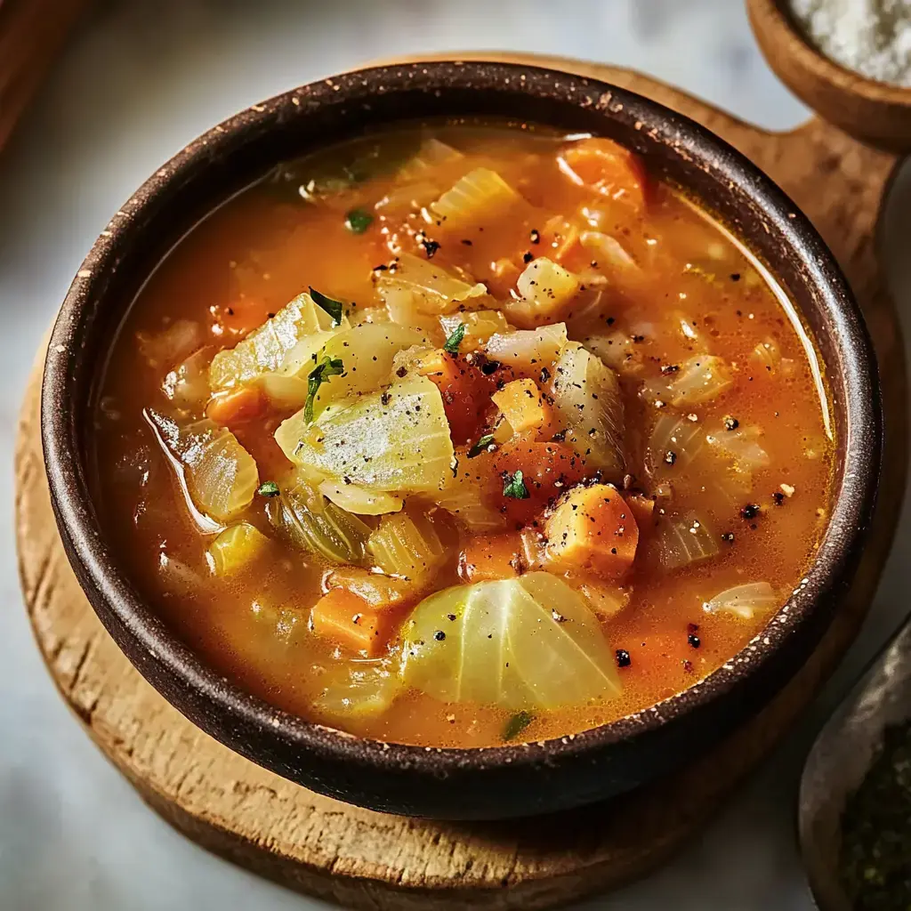 Un tazón de sopa de verduras con trozos de zanahorias, apio y hierbas, sobre una superficie de madera.