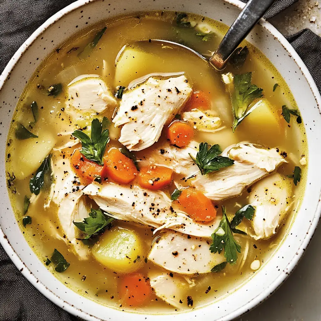 Un tazón de sopa de pollo cálida con pollo desmenuzado, zanahorias en cubos, papas, y perejil fresco en un caldo sabroso.