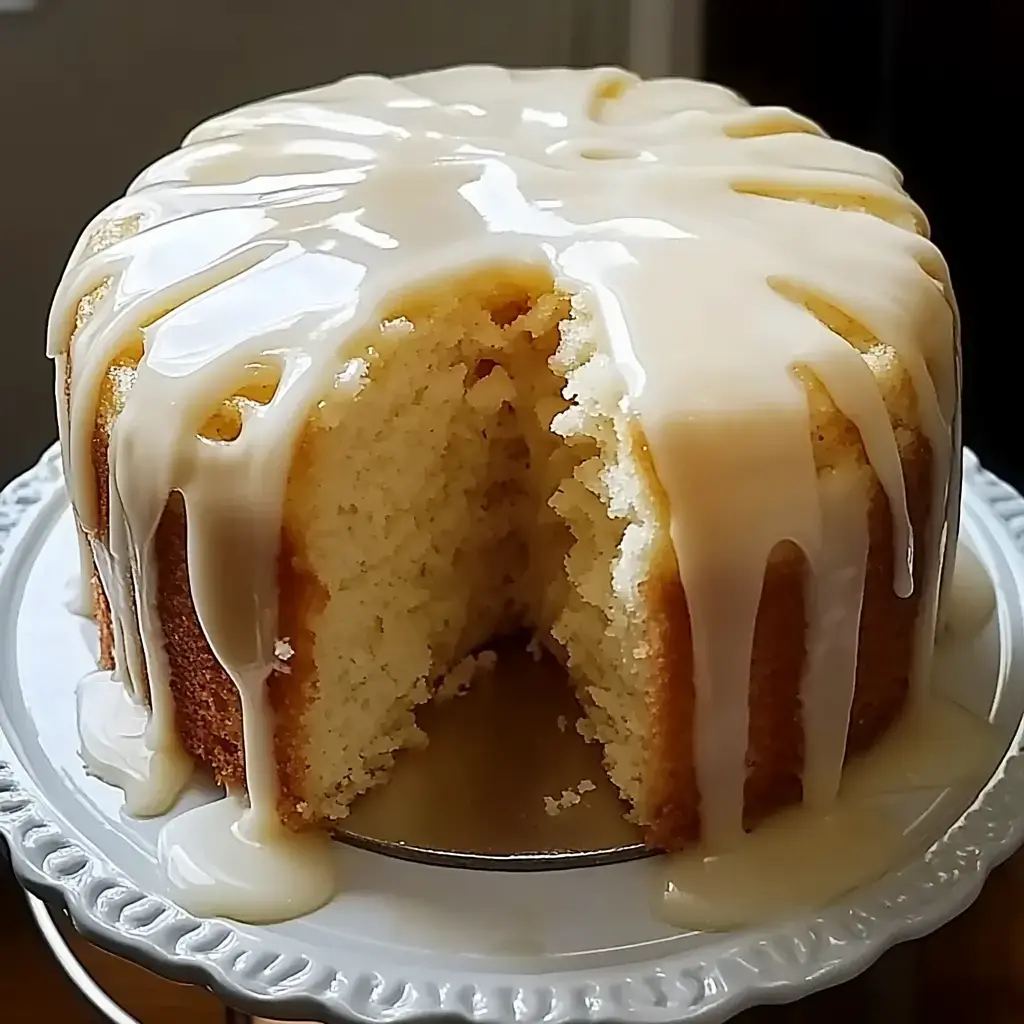 Un pastel de vainilla húmedo con un glaseado suave, con una rebanada cortada mostrando su interior esponjoso.