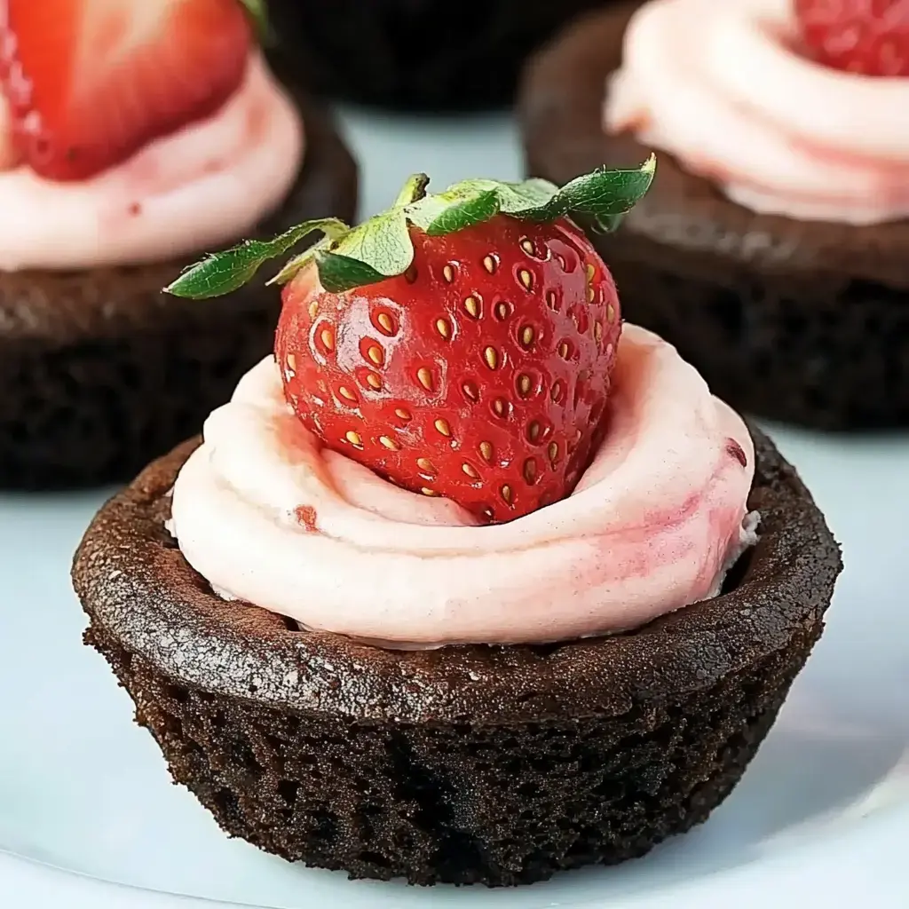 Un primer plano de una galleta de chocolate decorada con crema rosa y una fresa fresca.