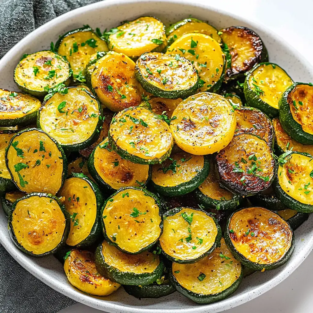 Un tazón con rodajas de calabacín amarillo y verde recién salteadas y adornadas.