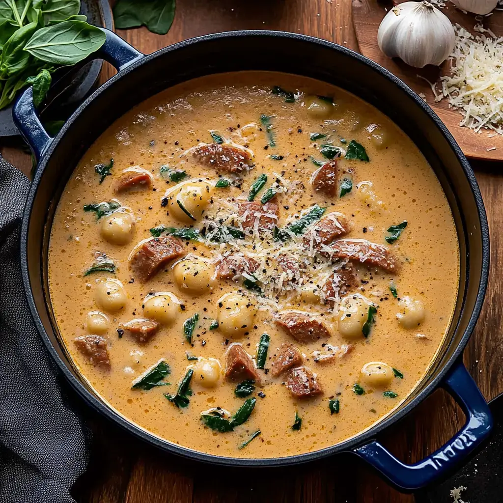 Una sopa cremosa de gnocchi con salchicha y espinacas, cubierta con queso rallado, en una olla azul oscuro.