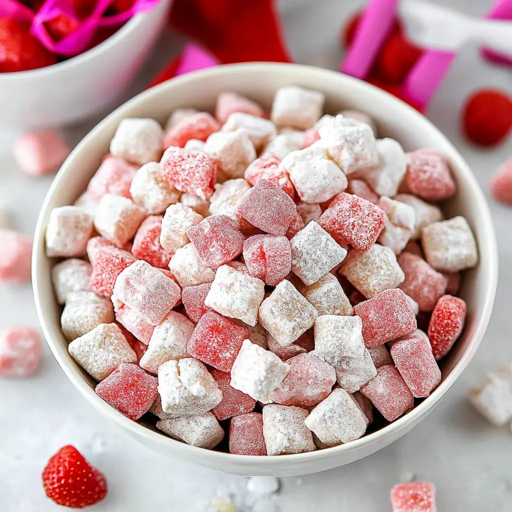 Un tazón blanco lleno de cubos cubiertos con azúcar glas rosa y blanca, simulando caramelos, sobre una superficie clara con fresas y decorativos al fondo.