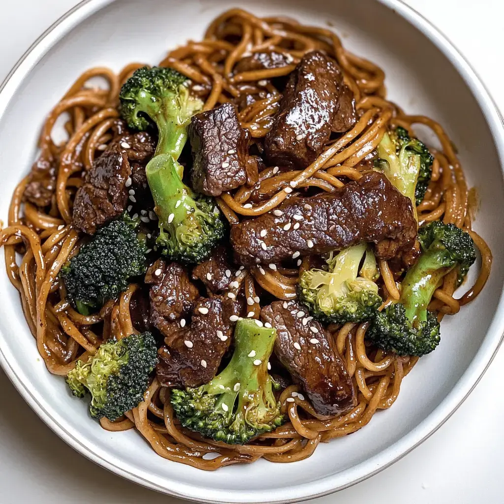 Un plato de fideos mezclados con ternera tierna y brócoli, decorado con semillas de sésamo.