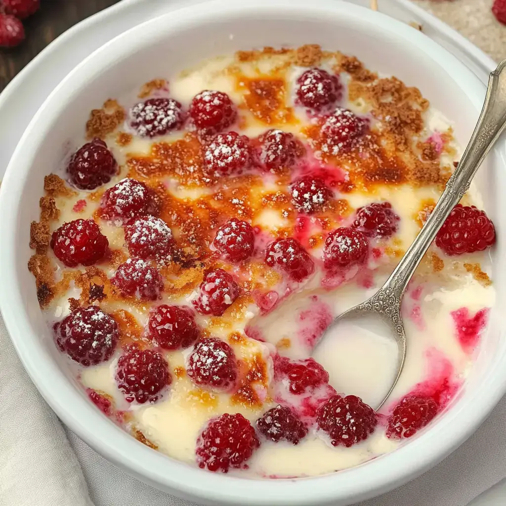 Un postre cremoso con frutas y una capa crujiente y dorada, servido en un plato blanco con una cuchara.