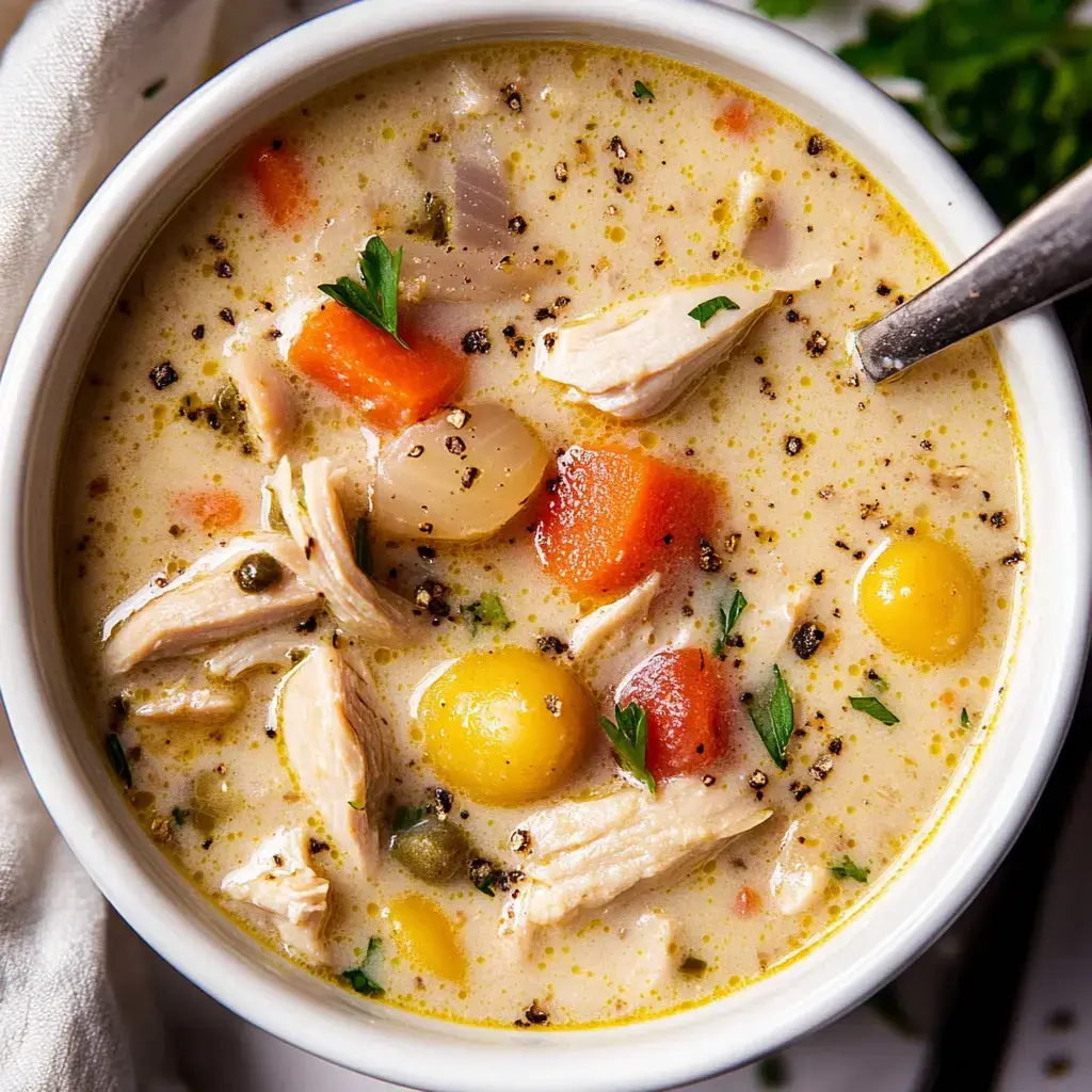 Un acercamiento a una sopa de pollo cremosa con pollo desmenuzado, verduras y hierbas en un tazón blanco.