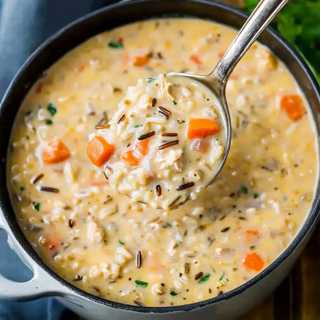 Un cucharón levanta una sopa cremosa con pollo, zanahorias y arroz salvaje de una olla.