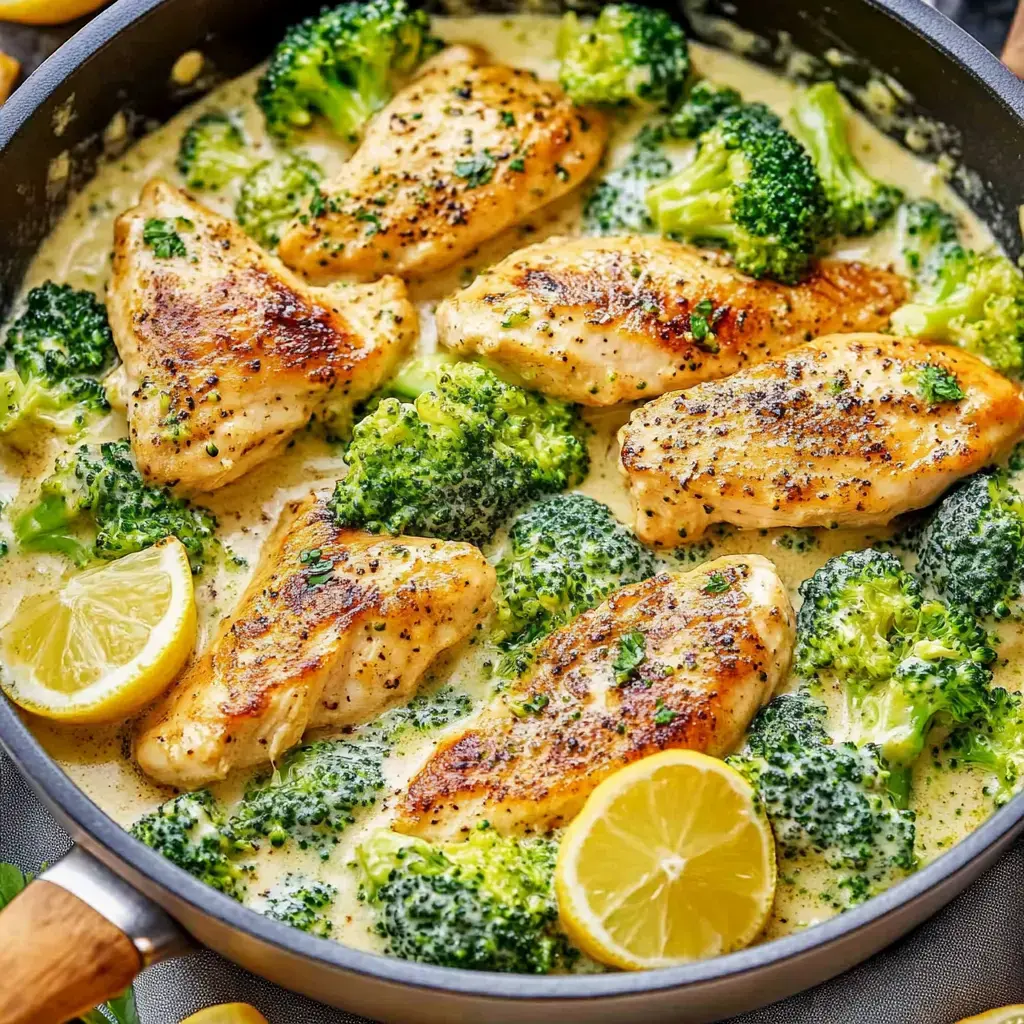 Un sartén lleno de pechugas de pollo doradas y brócoli en una salsa cremosa, adornado con rodajas de limón.