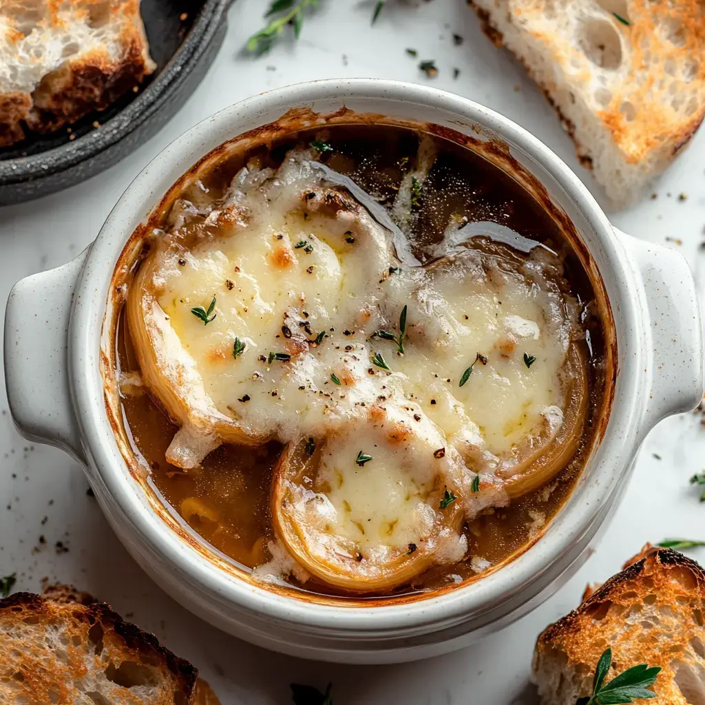Un tazón de sopa de cebolla con queso derretido y decorado con tomillo, acompañado de rebanadas de pan tostado.