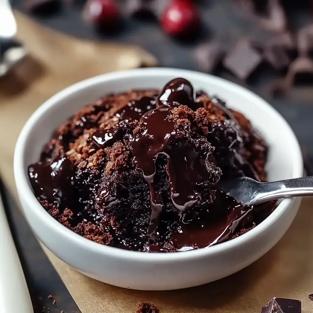 Un primer plano de un recipiente con pastel cremoso de chocolate y salsa brillante de chocolate, con una cuchara al lado.
