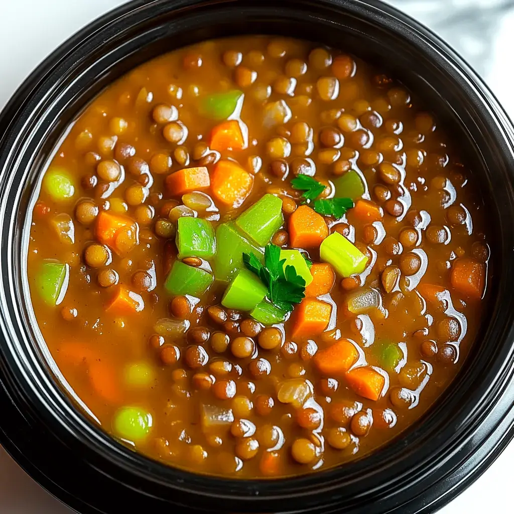 Un primer plano de un tazón negro lleno de sopa de lentejas, con pimientos verdes, zanahorias y adornado con perejil.