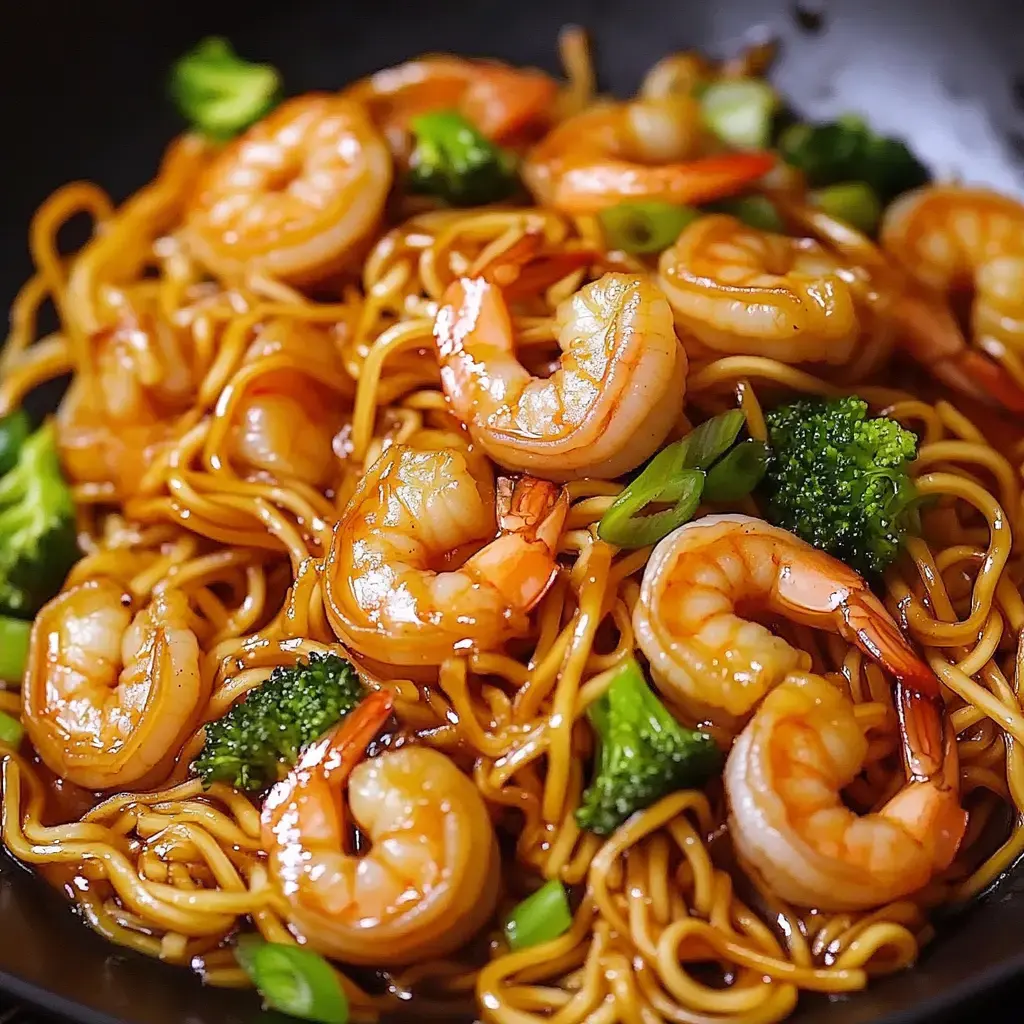 Un plato con camarones salteados, fideos y brócoli en una salsa sabrosa.