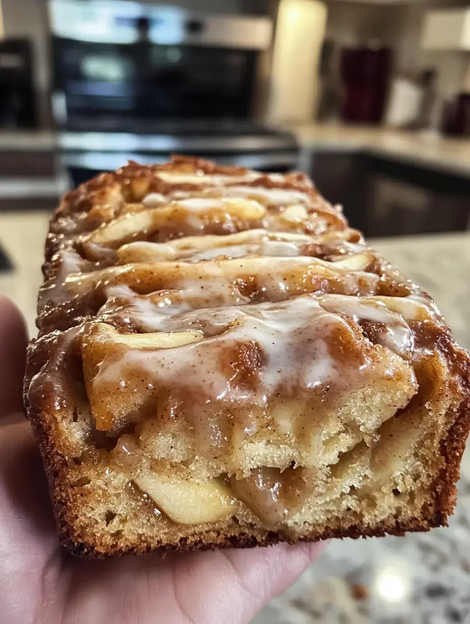 Una mano sostiene una rebanada de pan de manzana suave con un brillante glaseado en un ambiente de cocina.