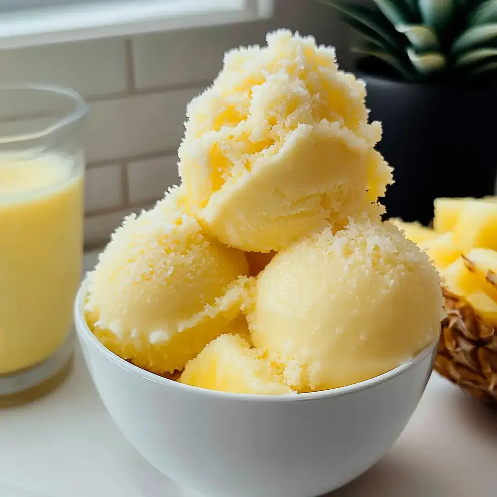 Un tazón lleno de sorbete amarillo de piña se exhibe al lado de un vaso con bebida amarilla y algunos trozos de piña.