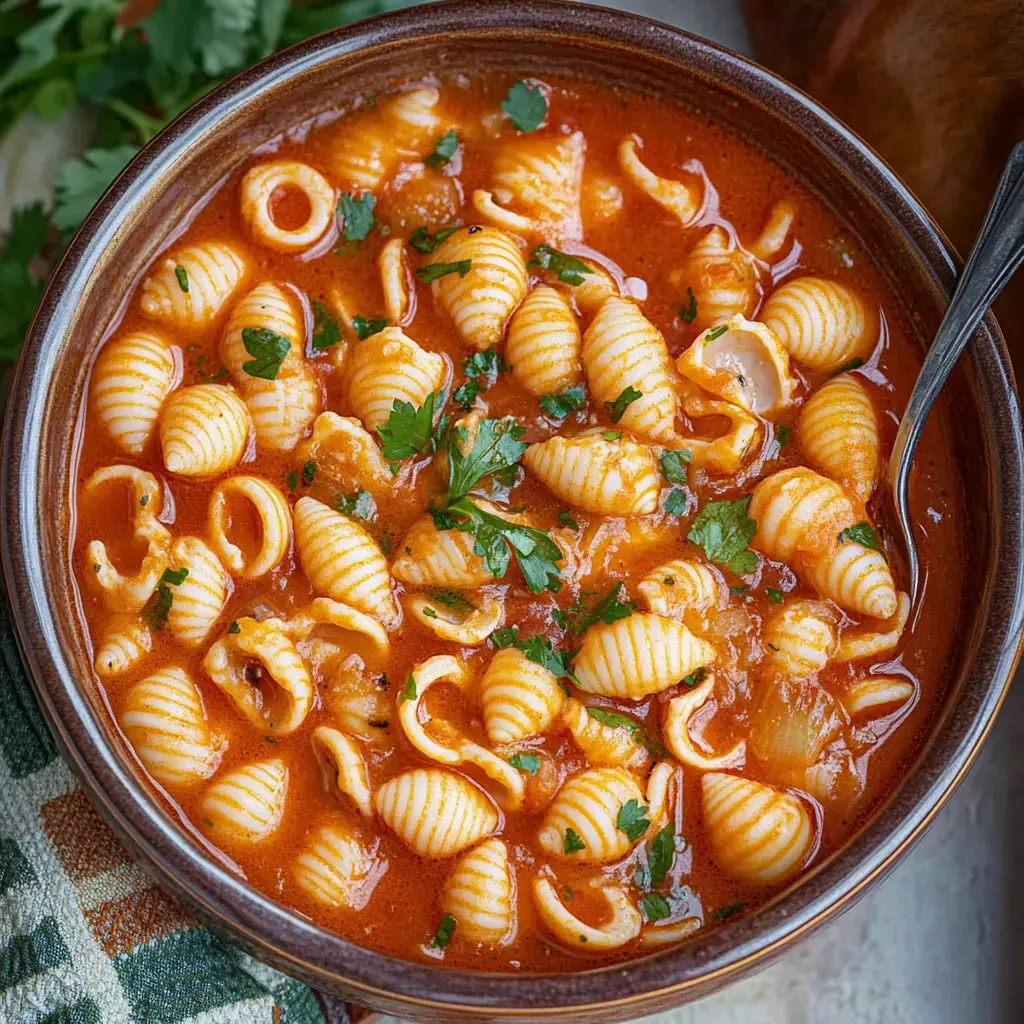 Un plato de pasta en salsa de tomate rica, adornada con perejil fresco.