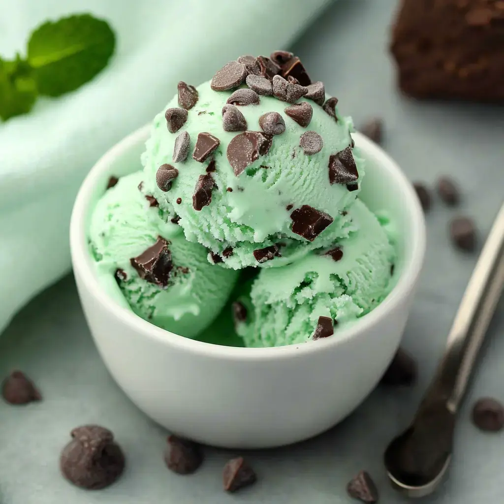 Un tazón blanco lleno de helado de menta con chispas de chocolate, decorado con más chispas y colocado en una superficie gris junto a una cuchara y algunas chispas de chocolate esparcidas.