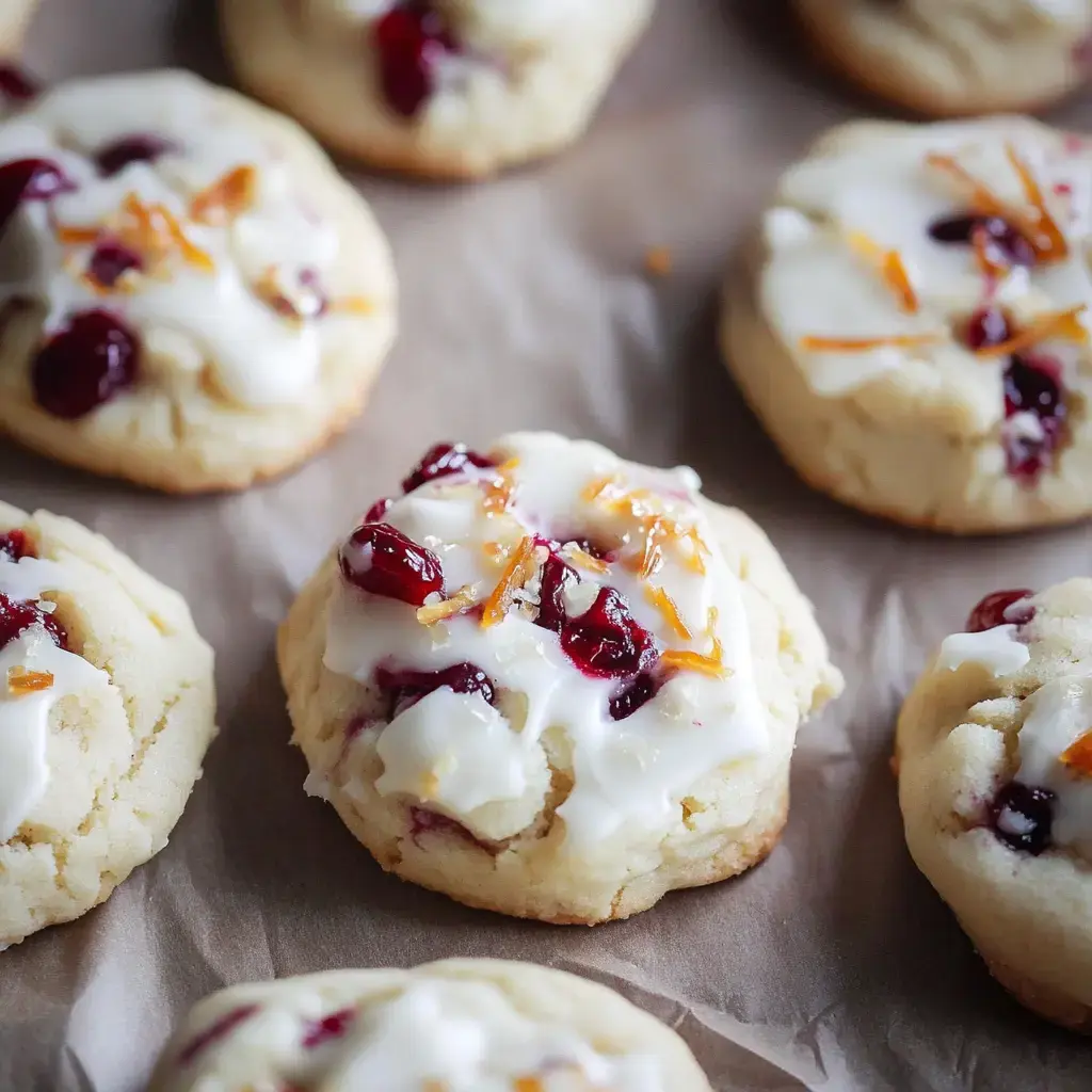 Primer plano de galletas recién horneadas decoradas con glaseado blanco, arándanos secos y ralladura de naranja, sobre papel pergamino.