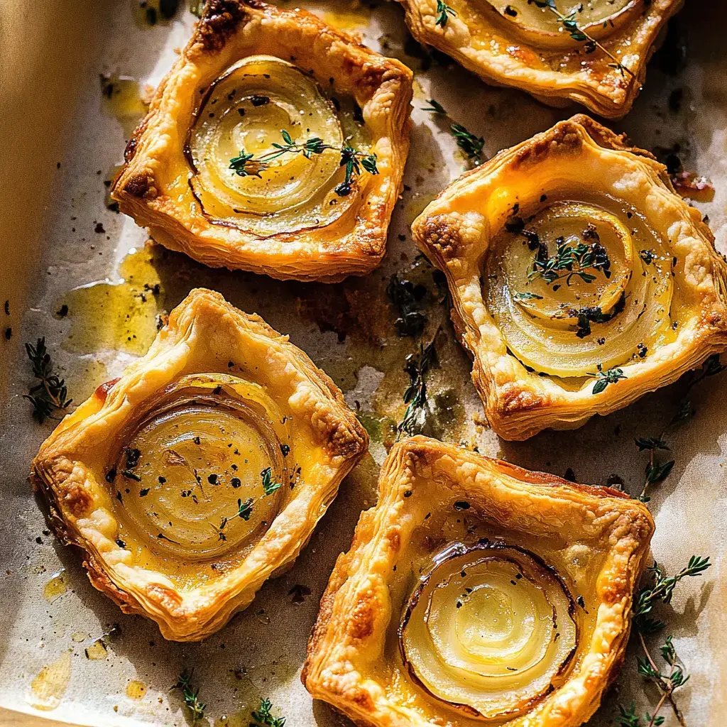 Cinco tartas cuadradas de hojaldre dorado, rellenas con rodajas de cebolla en espiral y decoradas con tomillo fresco, colocadas en una bandeja forrada con papel.
