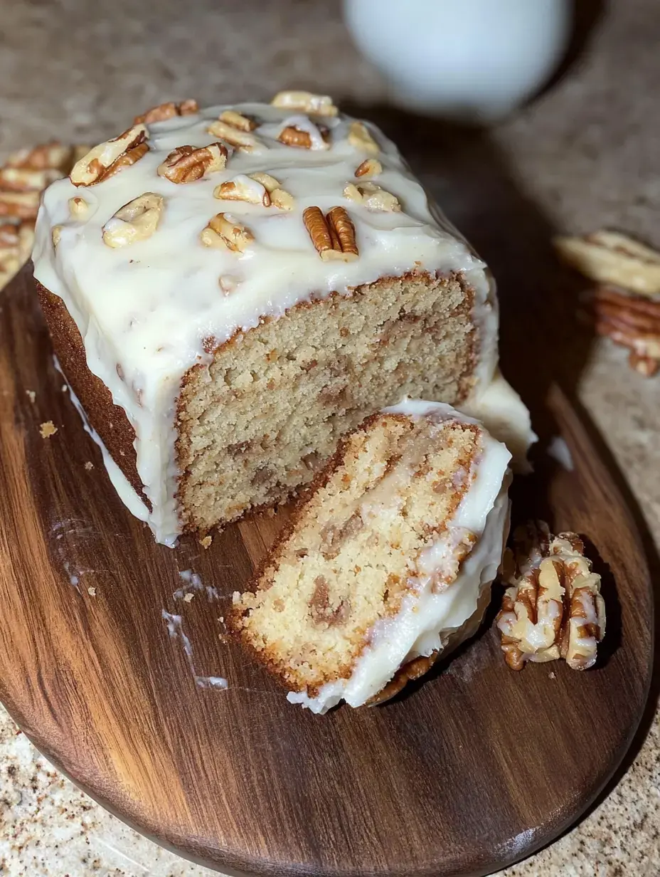 Porción de bizcocho con glaseado cremoso y nueces picadas sobre una tabla de madera.