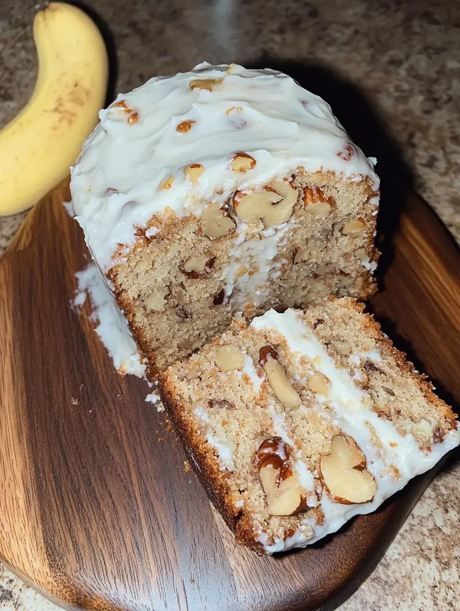Bizcocho rebanado con glaseado de queso crema y nueces sobre una tabla junto a un plátano.