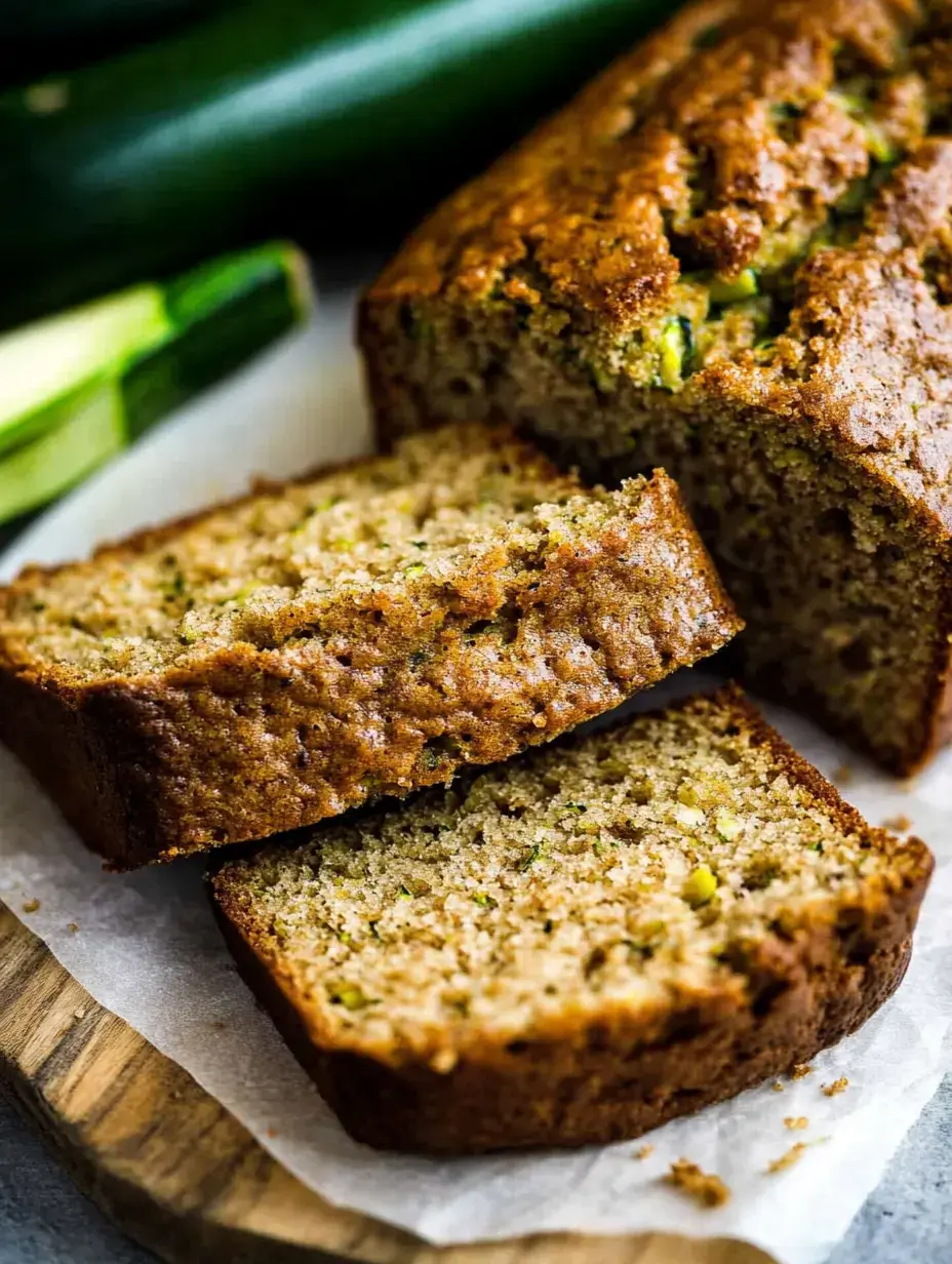 Un pan de calabacín horneado cortado en una tabla, acompañado de calabacines frescos al fondo.