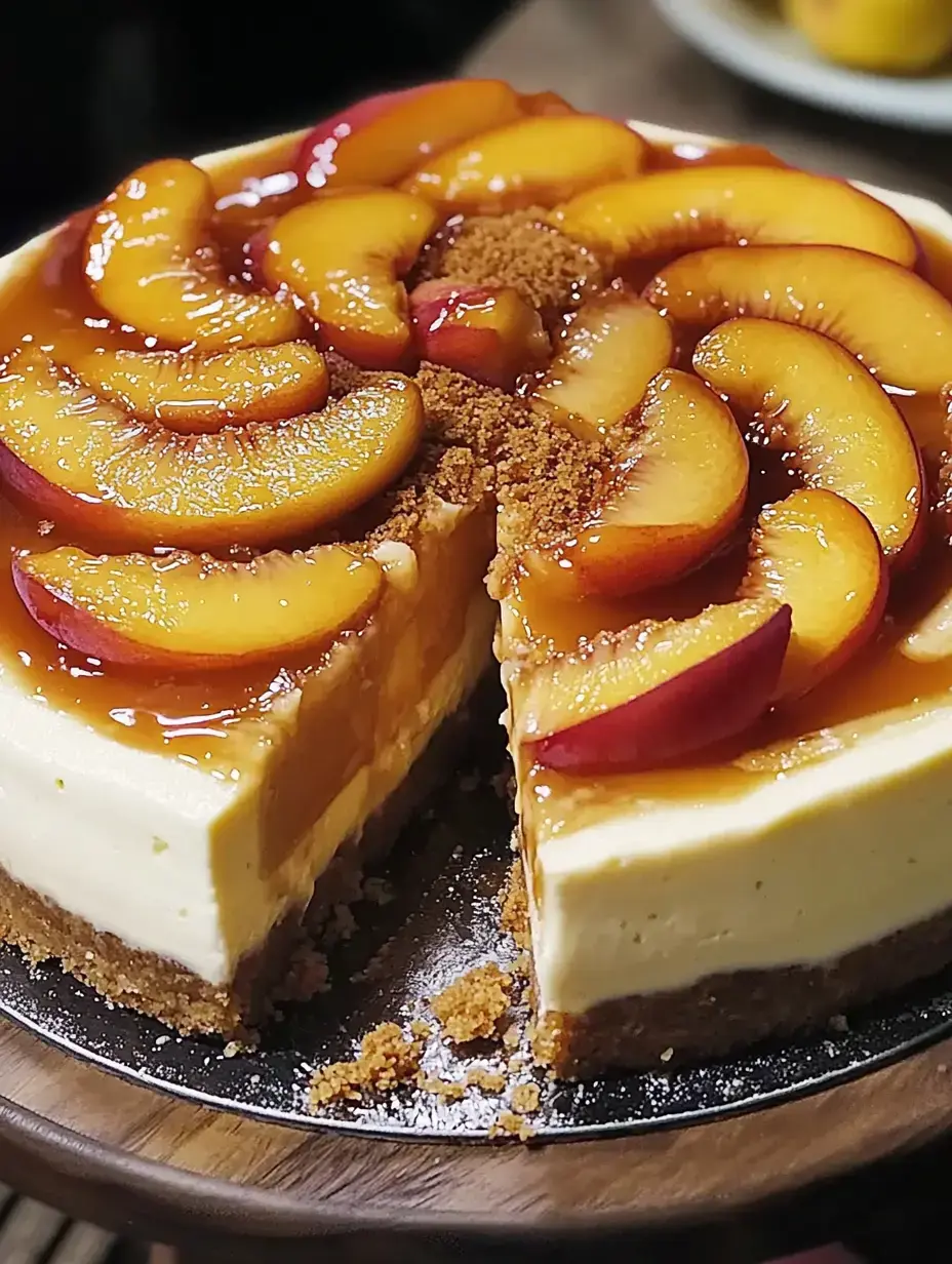 Un cheesecake cremoso cubierto de melocotón brillante y caramelo, con una rebanada cortada a un lado.