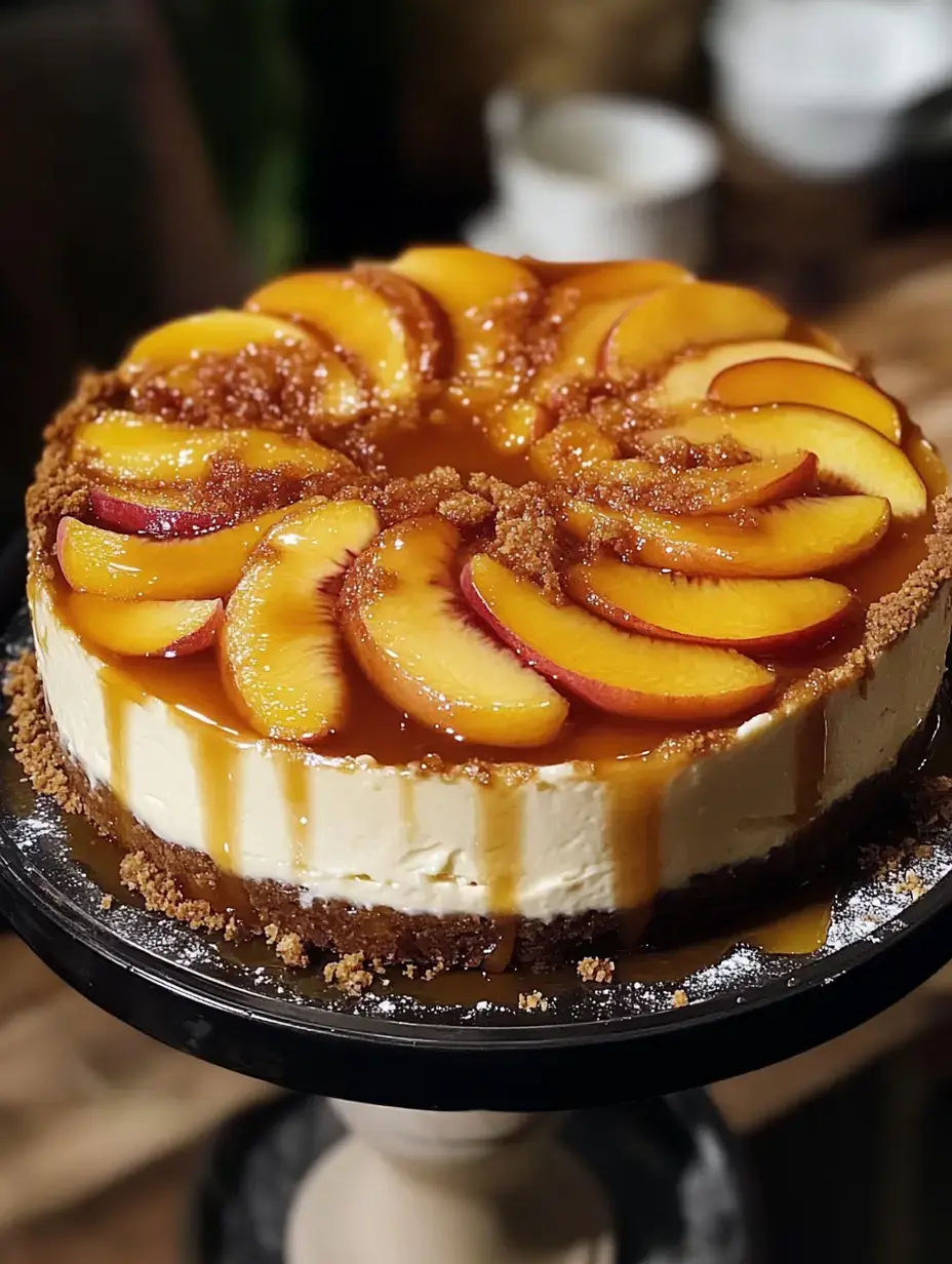 Un cheesecake decorado con salsa de caramelo y melocotones frescos, sobre un soporte negro.