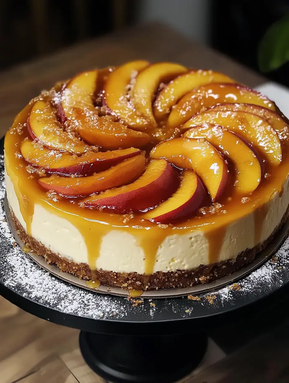 Un cheesecake cremoso decorado con rodajas de melocotón y caramelo, sobre un soporte redondo.