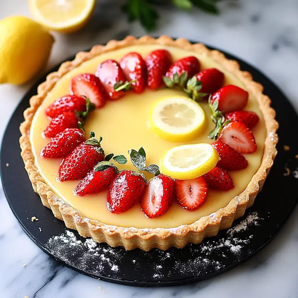 Tarta de limón cubierta con fresas y rodajas de limón sobre plato negro.