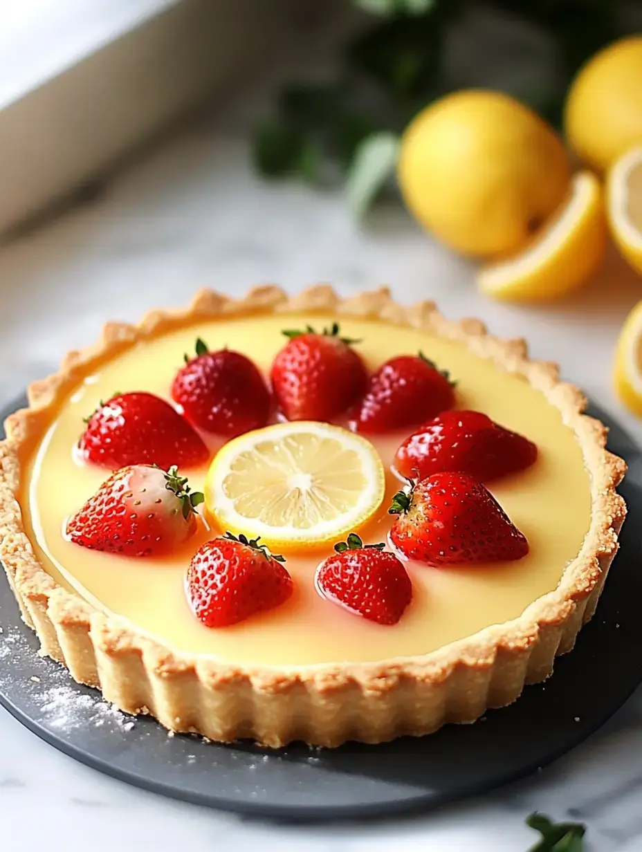 Tarta de limón con fresas frescas y rodaja de limón al fondo, plato oscuro y limones detrás.